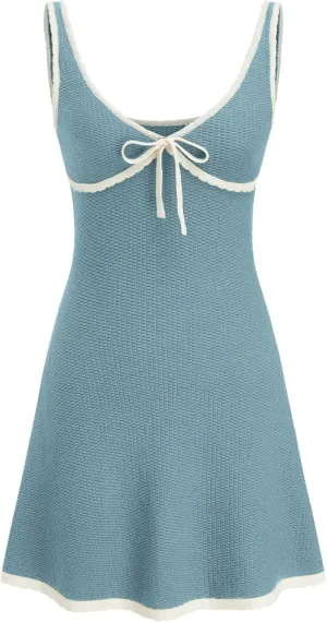 CIDER Knit Mini Dress V Neck Knotted Sleeveless Party Dress Middle Waist Dresses