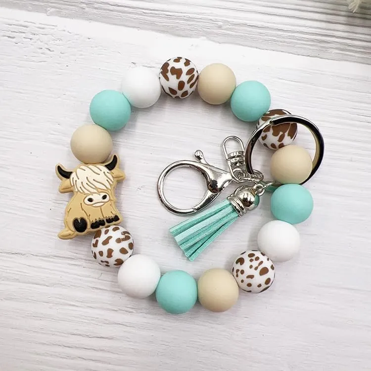 COLORFUL BLING Highland Cow Wristlet Animal Keychains for Backpack Accessories,Silicon Bead Unisex Key Chains for Car Keys