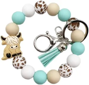 COLORFUL BLING Highland Cow Wristlet Animal Keychains for Backpack Accessories,Silicon Bead Unisex Key Chains for Car Keys