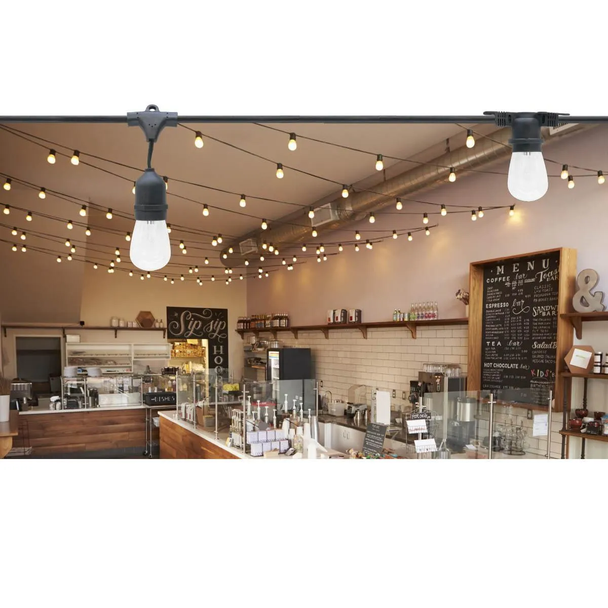 Commercial Grade LED String light, 48 Feet, 24 sockets, Suspended, E26 Medium Base