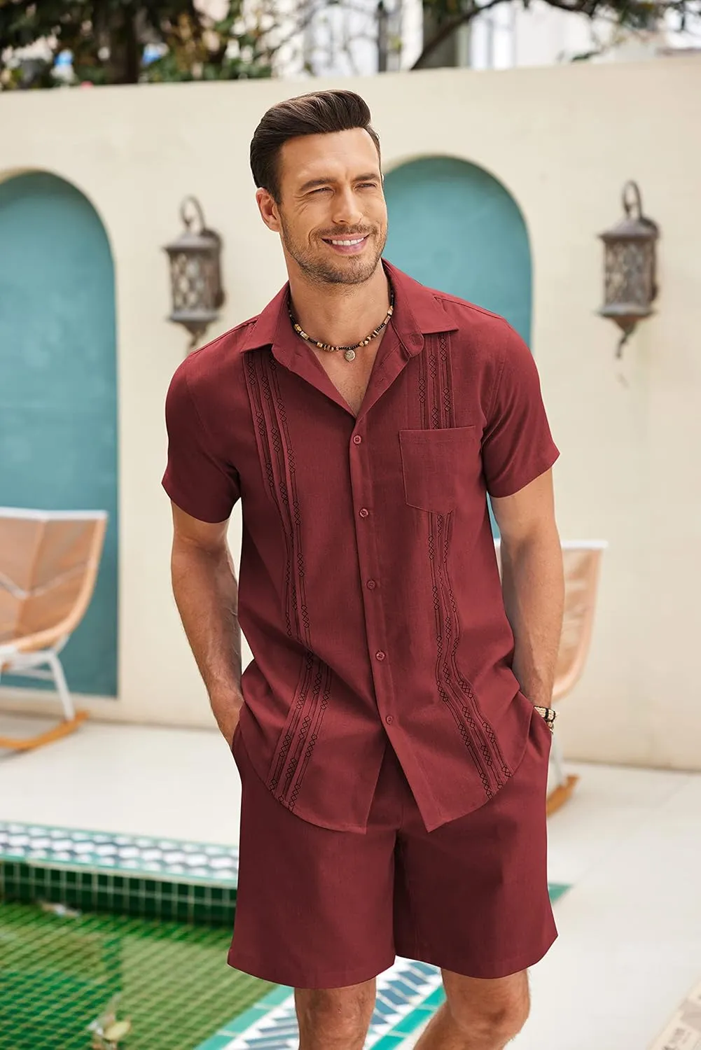COOFANDY Men Linen Sets Outfits 2 Piece Short Sleeve Cuban Shirts Guayabera Linen Suit