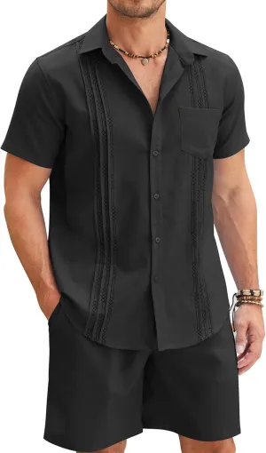 COOFANDY Men Linen Sets Outfits 2 Piece Short Sleeve Cuban Shirts Guayabera Linen Suit