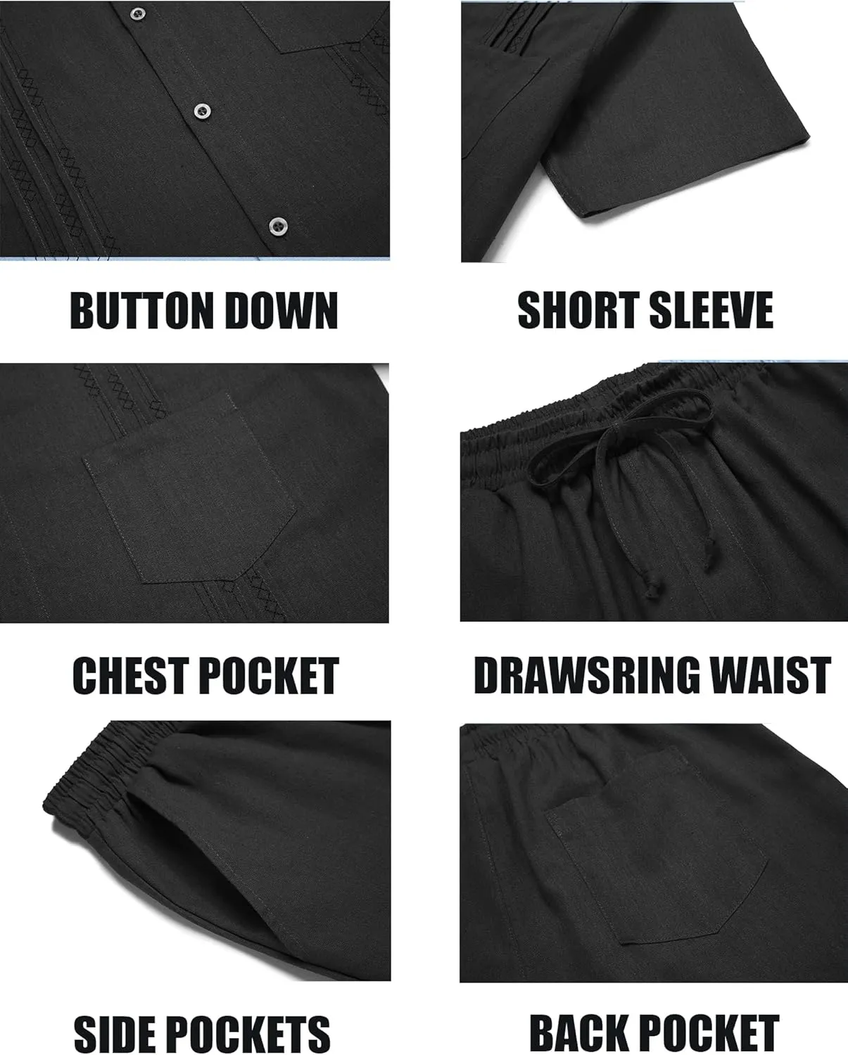 COOFANDY Men Linen Sets Outfits 2 Piece Short Sleeve Cuban Shirts Guayabera Linen Suit