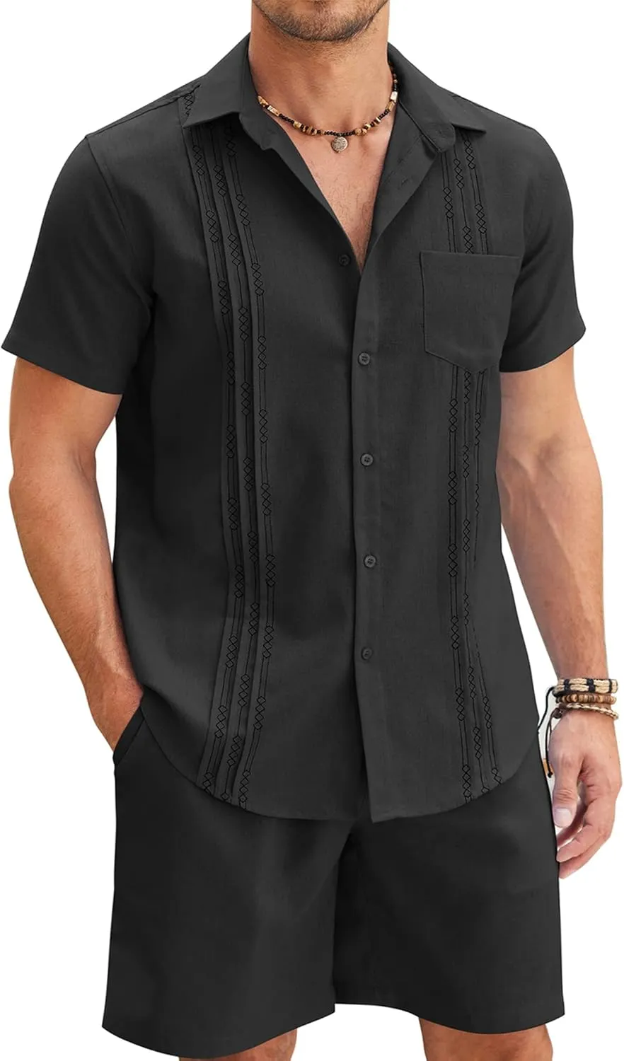 COOFANDY Men Linen Sets Outfits 2 Piece Short Sleeve Cuban Shirts Guayabera Linen Suit