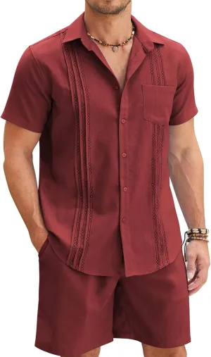COOFANDY Men Linen Sets Outfits 2 Piece Short Sleeve Cuban Shirts Guayabera Linen Suit