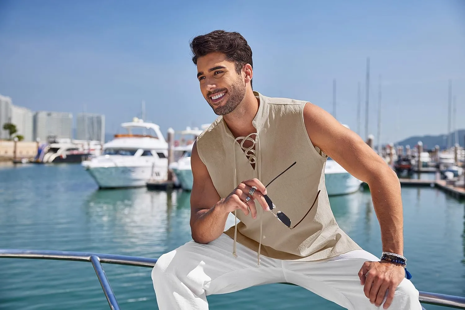 COOFANDY Men Tank Top Cotton Linen Beach Sleeveless Shirt Lace Up Bohemian Hippie Renaissance Pirate Kilt Medieval Tunic