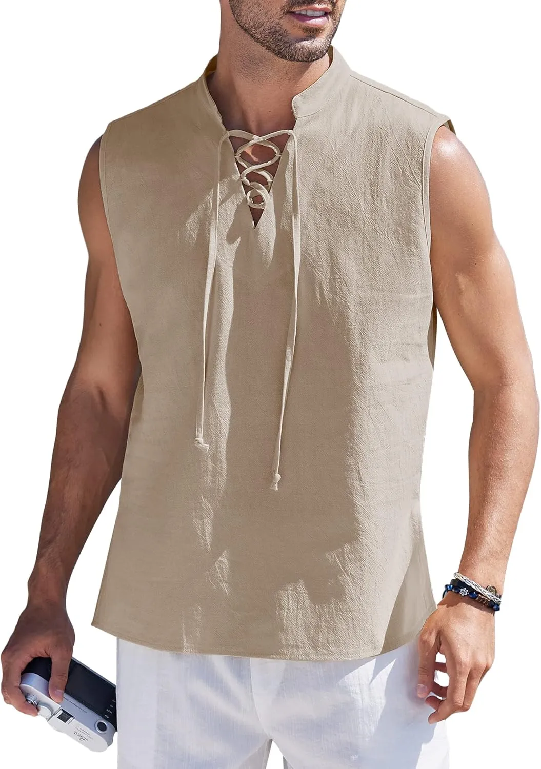 COOFANDY Men Tank Top Cotton Linen Beach Sleeveless Shirt Lace Up Bohemian Hippie Renaissance Pirate Kilt Medieval Tunic