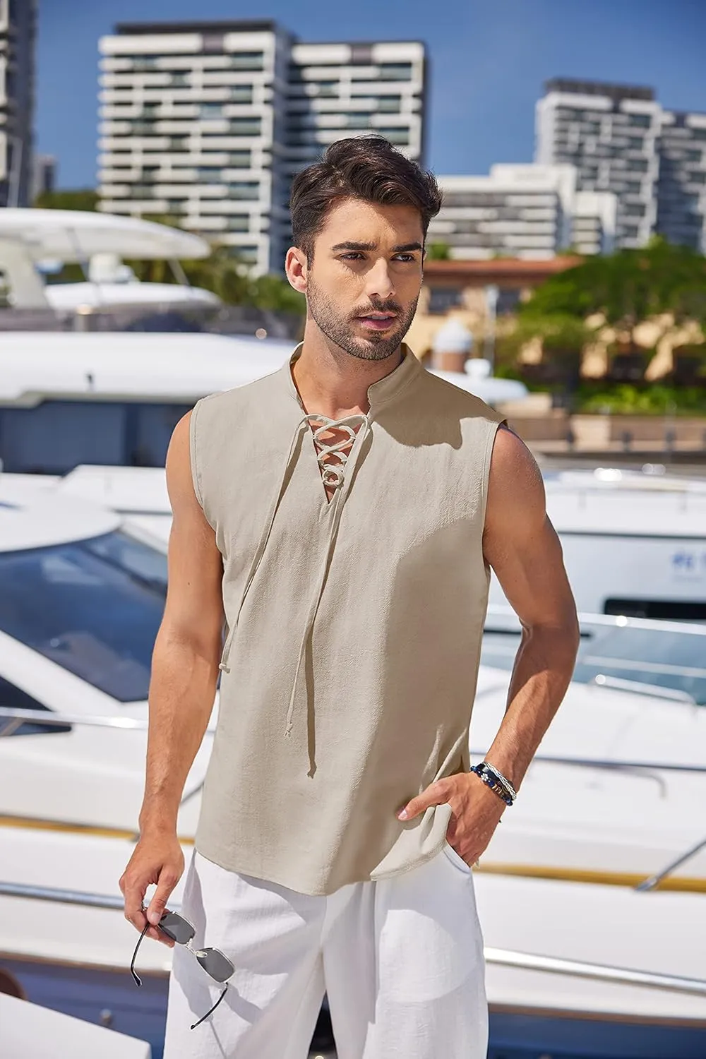 COOFANDY Men Tank Top Cotton Linen Beach Sleeveless Shirt Lace Up Bohemian Hippie Renaissance Pirate Kilt Medieval Tunic