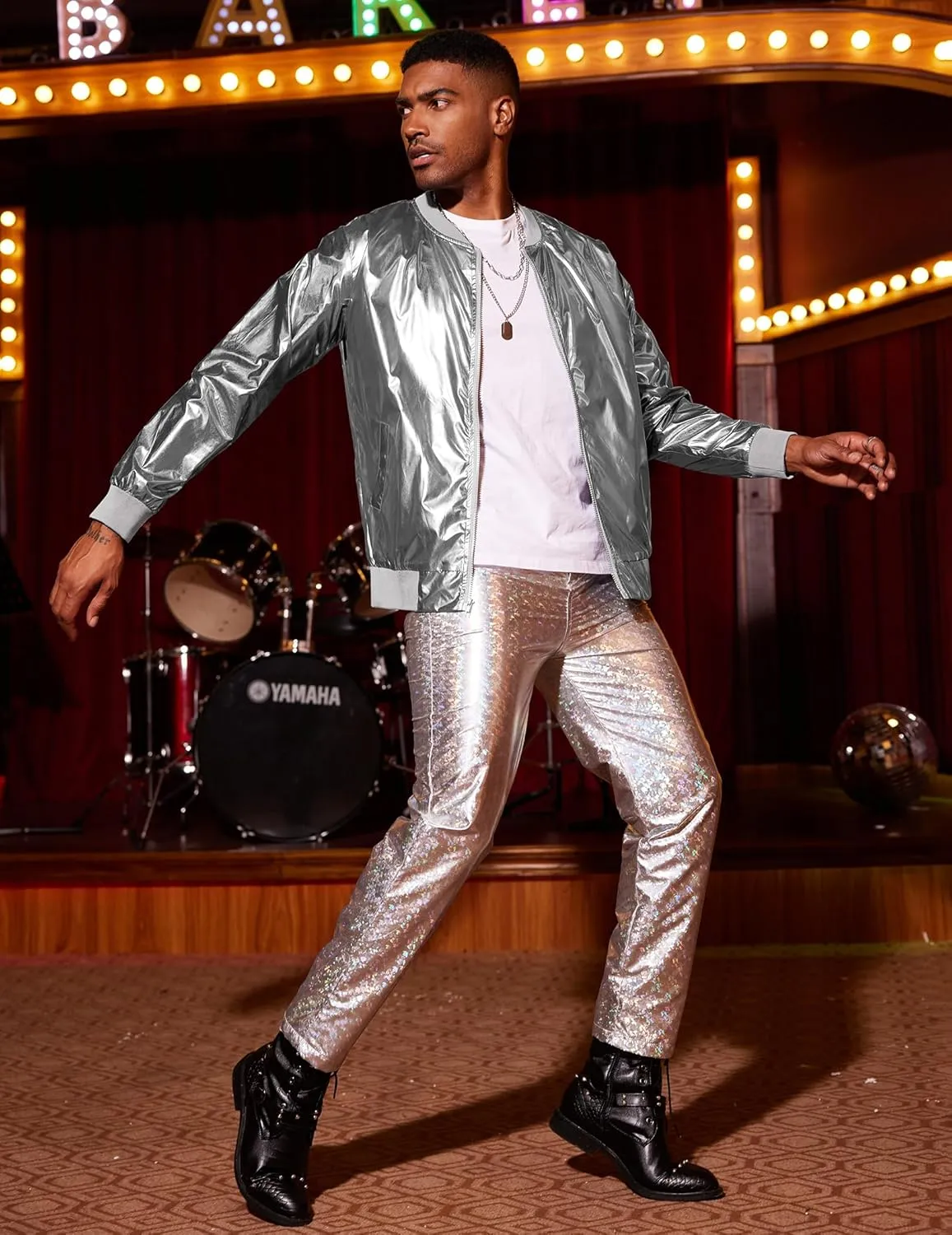 COOFANDY Men's Metallic Jacket 70s Disco Party Varsity Jacket Zip-up Baseball Bomber
