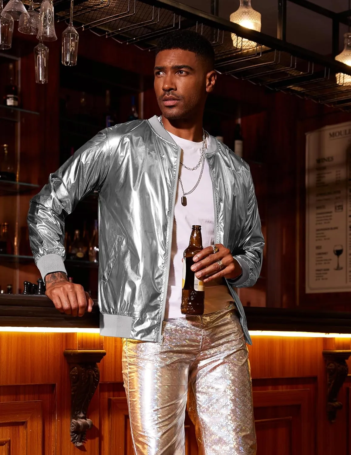 COOFANDY Men's Metallic Jacket 70s Disco Party Varsity Jacket Zip-up Baseball Bomber