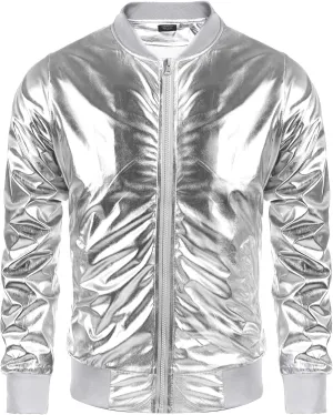 COOFANDY Men's Metallic Jacket 70s Disco Party Varsity Jacket Zip-up Baseball Bomber