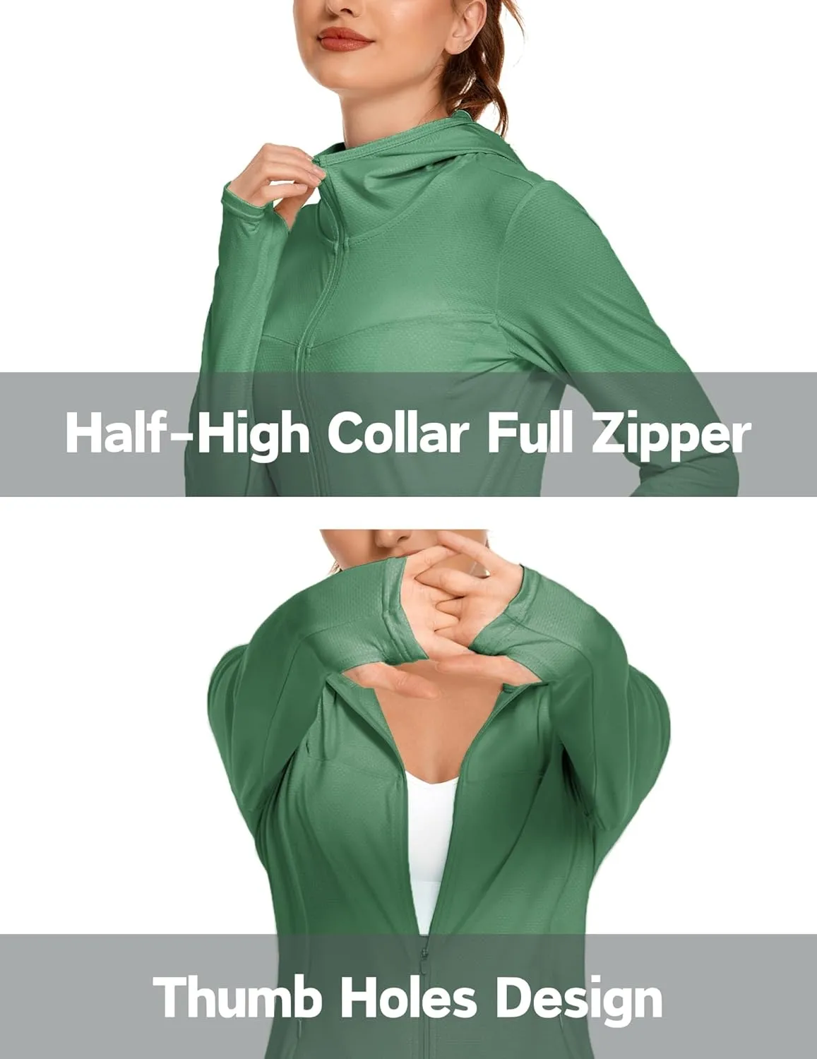 COOrun Women's UPF 50  Sun Protection Hoodie Jacket Lightweight Full Zip Running Jacket Athletic Jacket with Thumb Holes