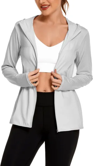 COOrun Women's UPF 50  Sun Protection Hoodie Jacket Lightweight Full Zip Running Jacket Athletic Jacket with Thumb Holes