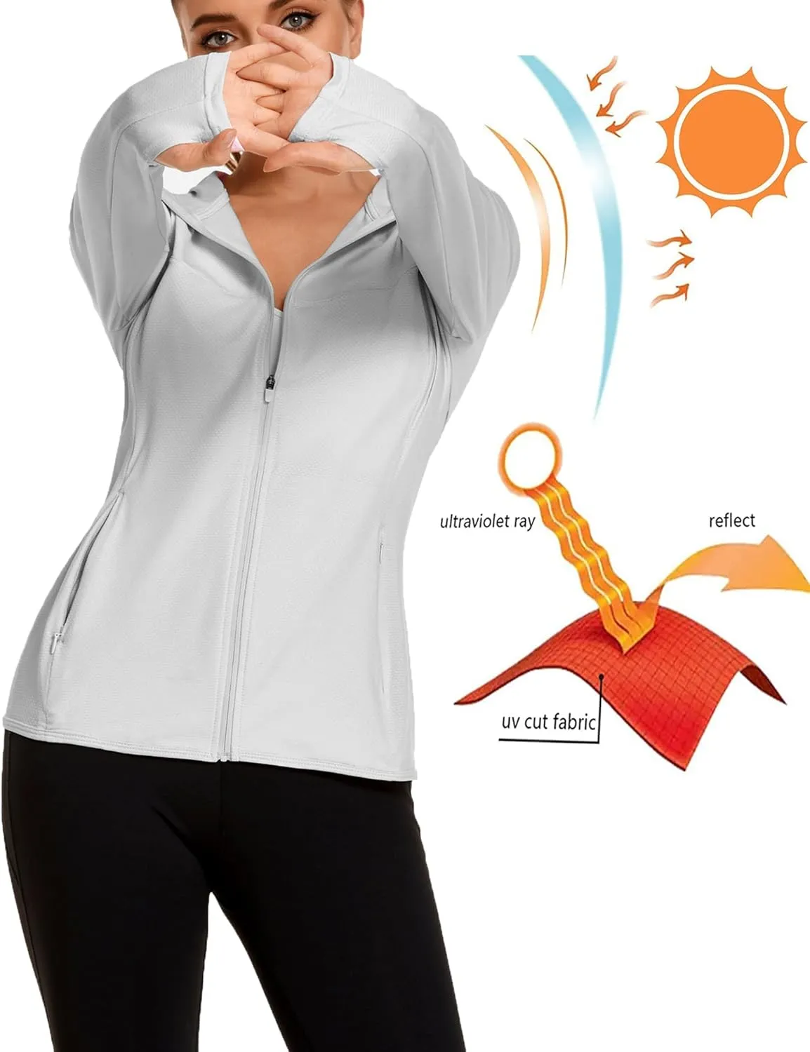 COOrun Women's UPF 50  Sun Protection Hoodie Jacket Lightweight Full Zip Running Jacket Athletic Jacket with Thumb Holes