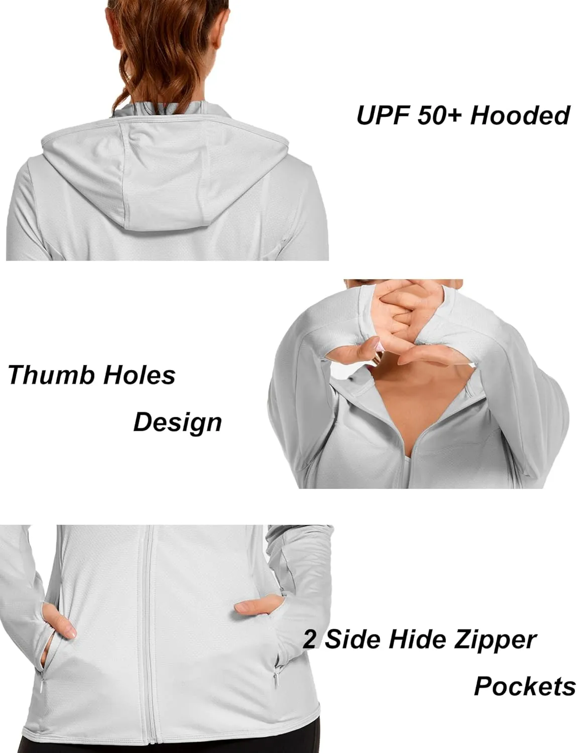 COOrun Women's UPF 50  Sun Protection Hoodie Jacket Lightweight Full Zip Running Jacket Athletic Jacket with Thumb Holes