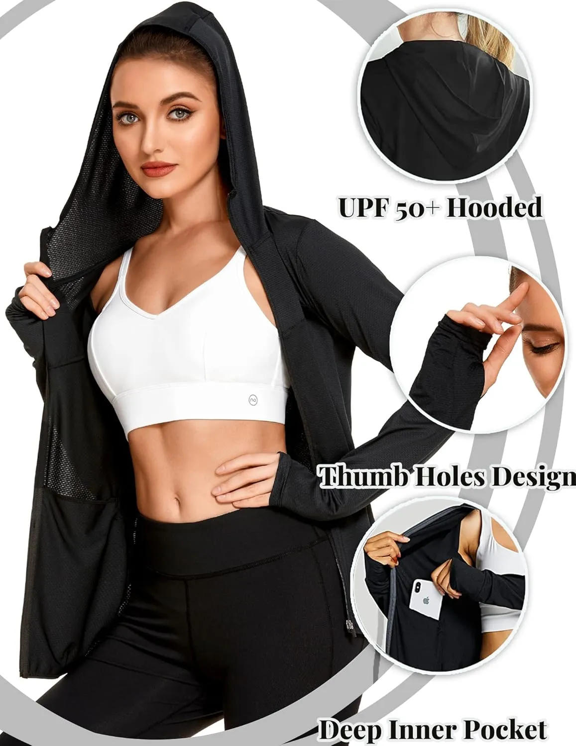 COOrun Women's UPF 50  Sun Protection Hoodie Jacket Lightweight Full Zip Running Jacket Athletic Jacket with Thumb Holes