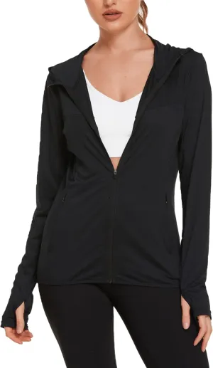 COOrun Women's UPF 50  Sun Protection Hoodie Jacket Lightweight Full Zip Running Jacket Athletic Jacket with Thumb Holes