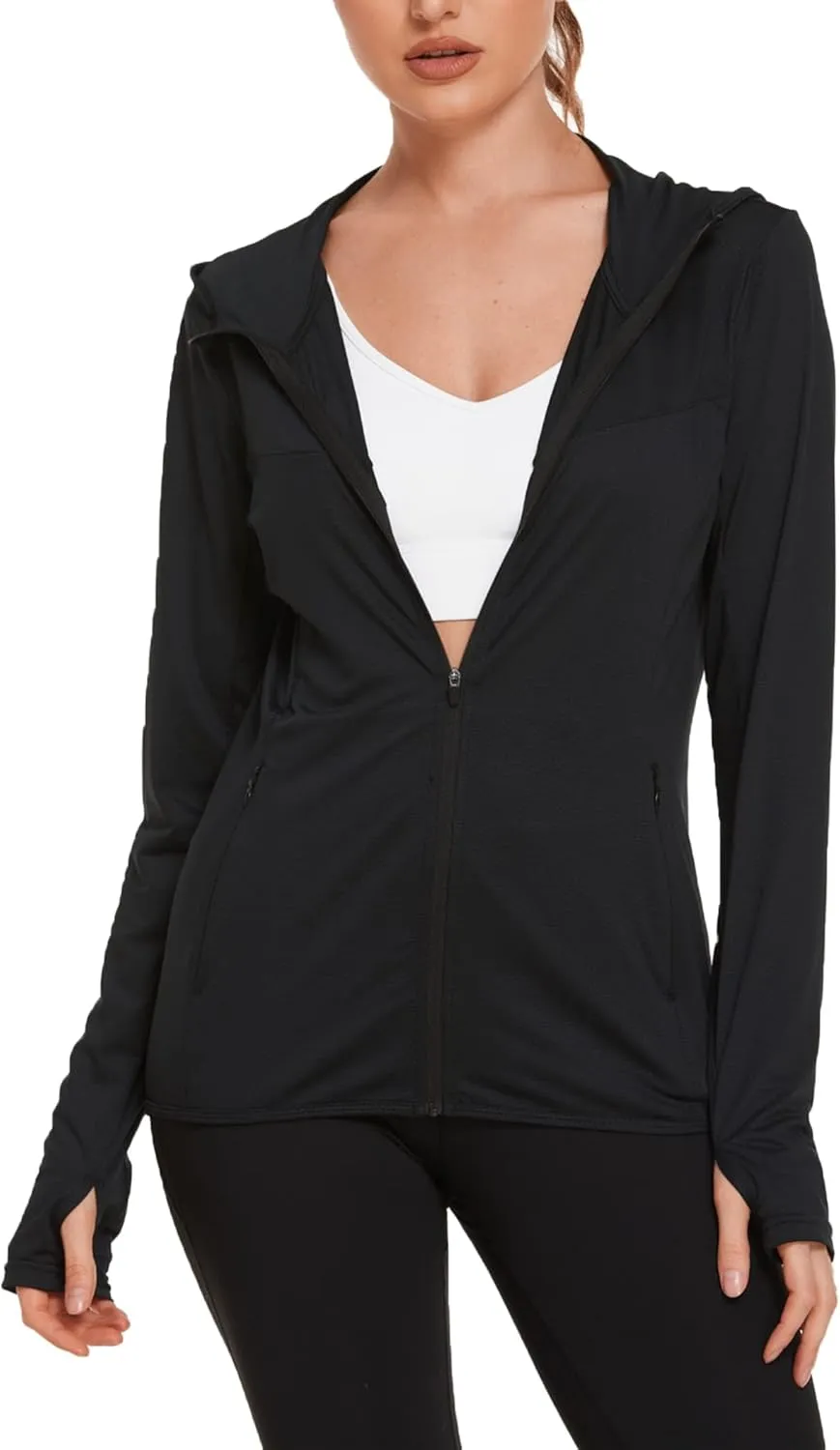 COOrun Women's UPF 50  Sun Protection Hoodie Jacket Lightweight Full Zip Running Jacket Athletic Jacket with Thumb Holes