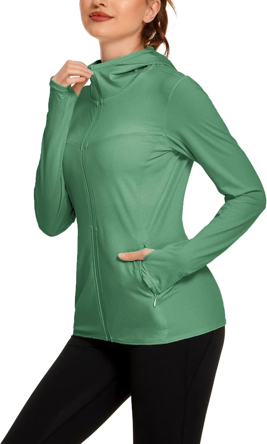 COOrun Women's UPF 50  Sun Protection Hoodie Jacket Lightweight Full Zip Running Jacket Athletic Jacket with Thumb Holes