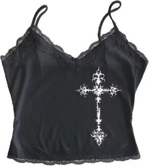Coquette Lace Crop Tops 2000s Spaghetti Strap Tops Y2k Goth Grunge Emo Top Women Vintage Camisole