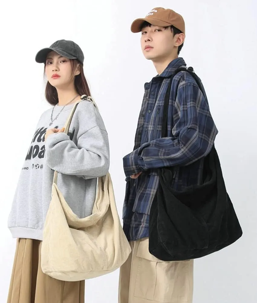 Corduroy Shoulder Bag for Women Men Large Capacity Crossbody Bag Minimalist Tote Commuting Handbag Purse
