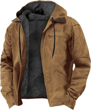 Costaric Solid Color Hooded Coat For Mens Fashion Casual Zipper Winter Warm Sherpa Fleece Lined Jacket With Pockets Jacket