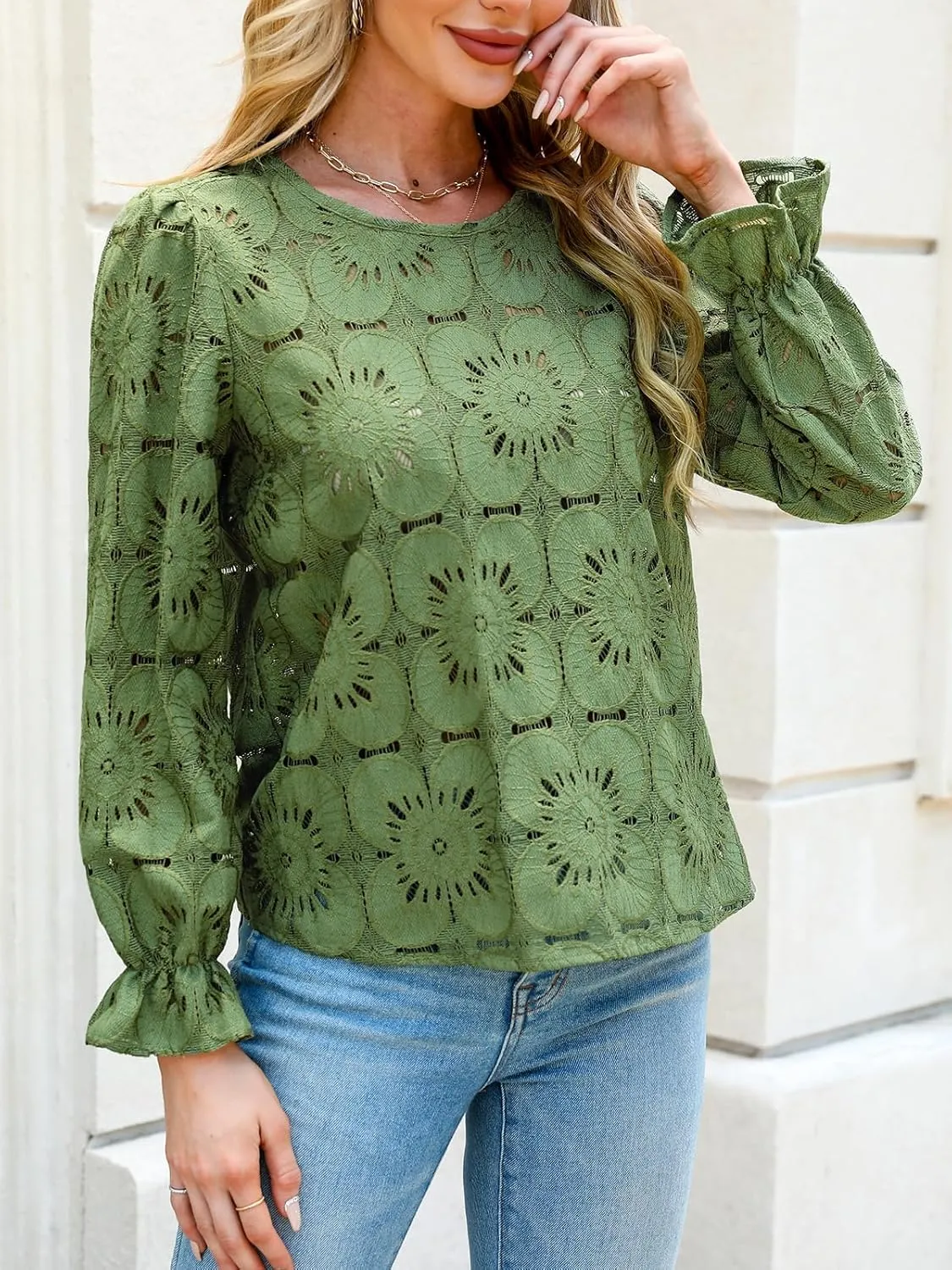 CUPSHE Women Eyelet Long Sleeve Tops Shirts Dressy Hollow Out Crochet Lace Embroidered Blouses 2025 Fashion