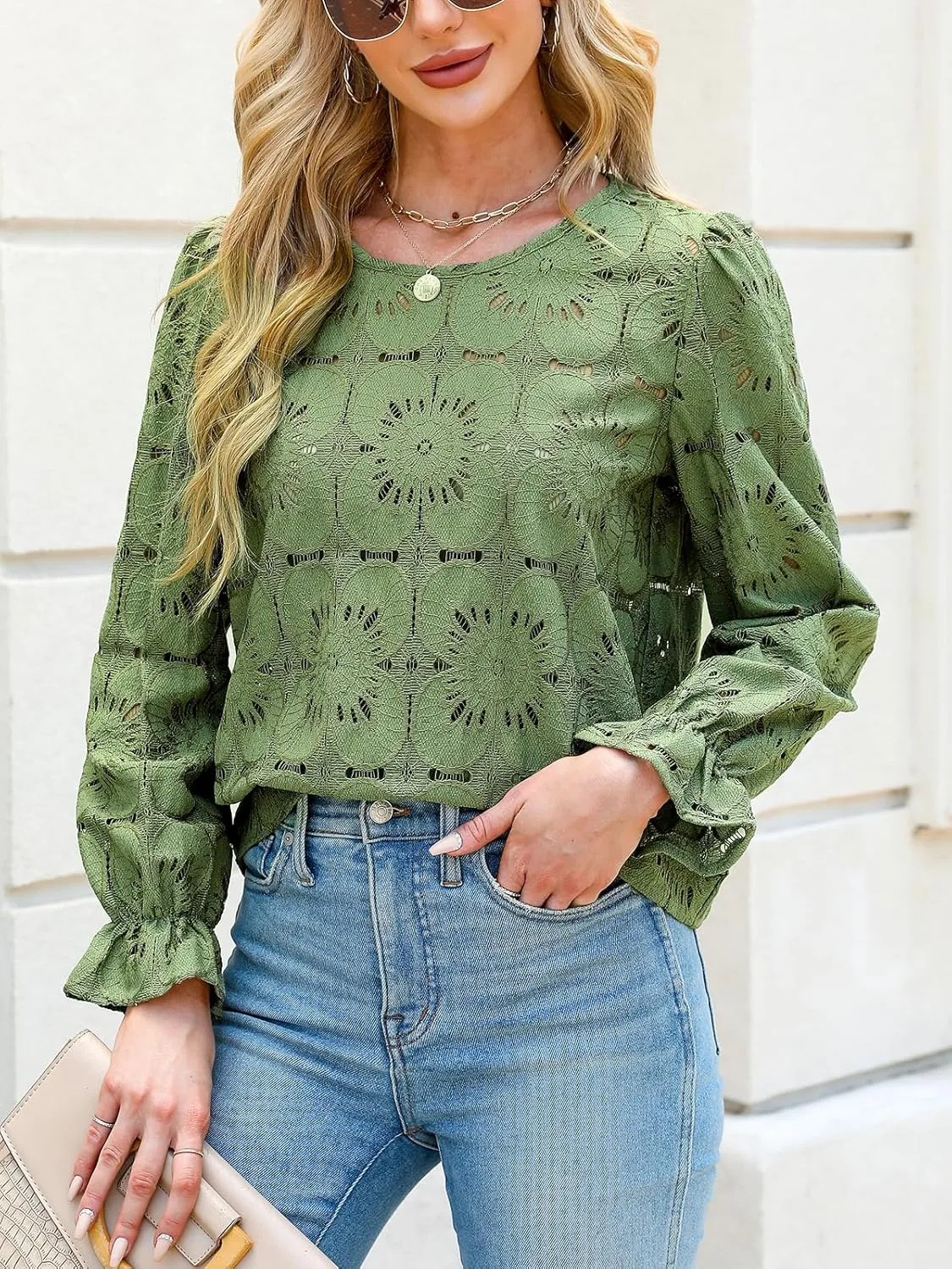 CUPSHE Women Eyelet Long Sleeve Tops Shirts Dressy Hollow Out Crochet Lace Embroidered Blouses 2025 Fashion