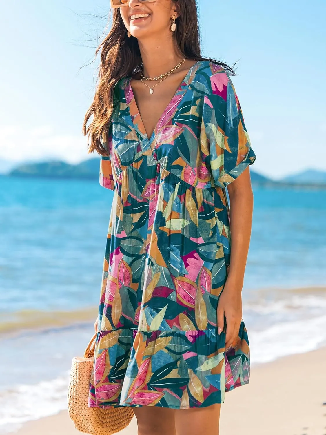 CUPSHE Women's Mini Dress V Neck Tropical Short Sleeve Loose Fit Ruffled Short Summer Beach Dress
