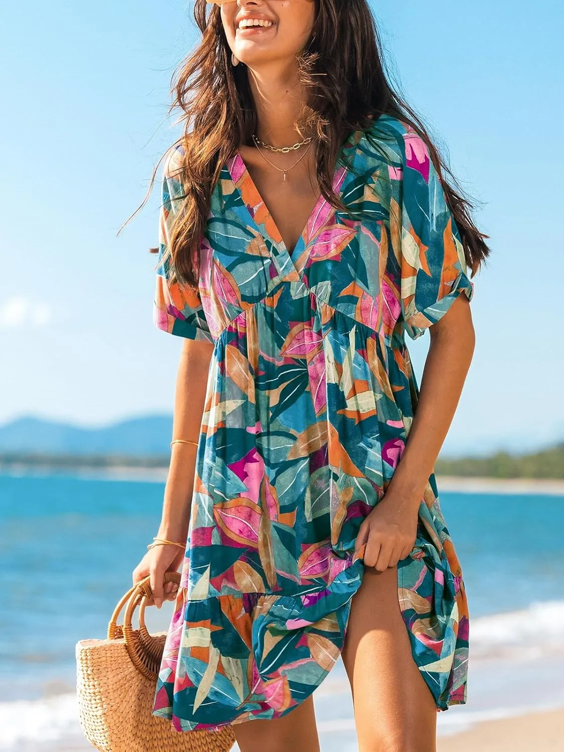 CUPSHE Women's Mini Dress V Neck Tropical Short Sleeve Loose Fit Ruffled Short Summer Beach Dress