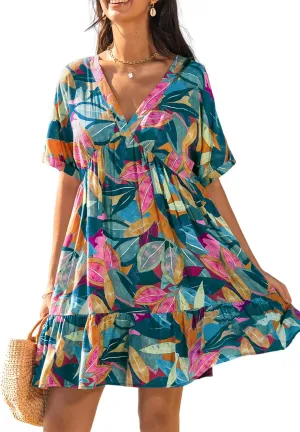 CUPSHE Women's Mini Dress V Neck Tropical Short Sleeve Loose Fit Ruffled Short Summer Beach Dress