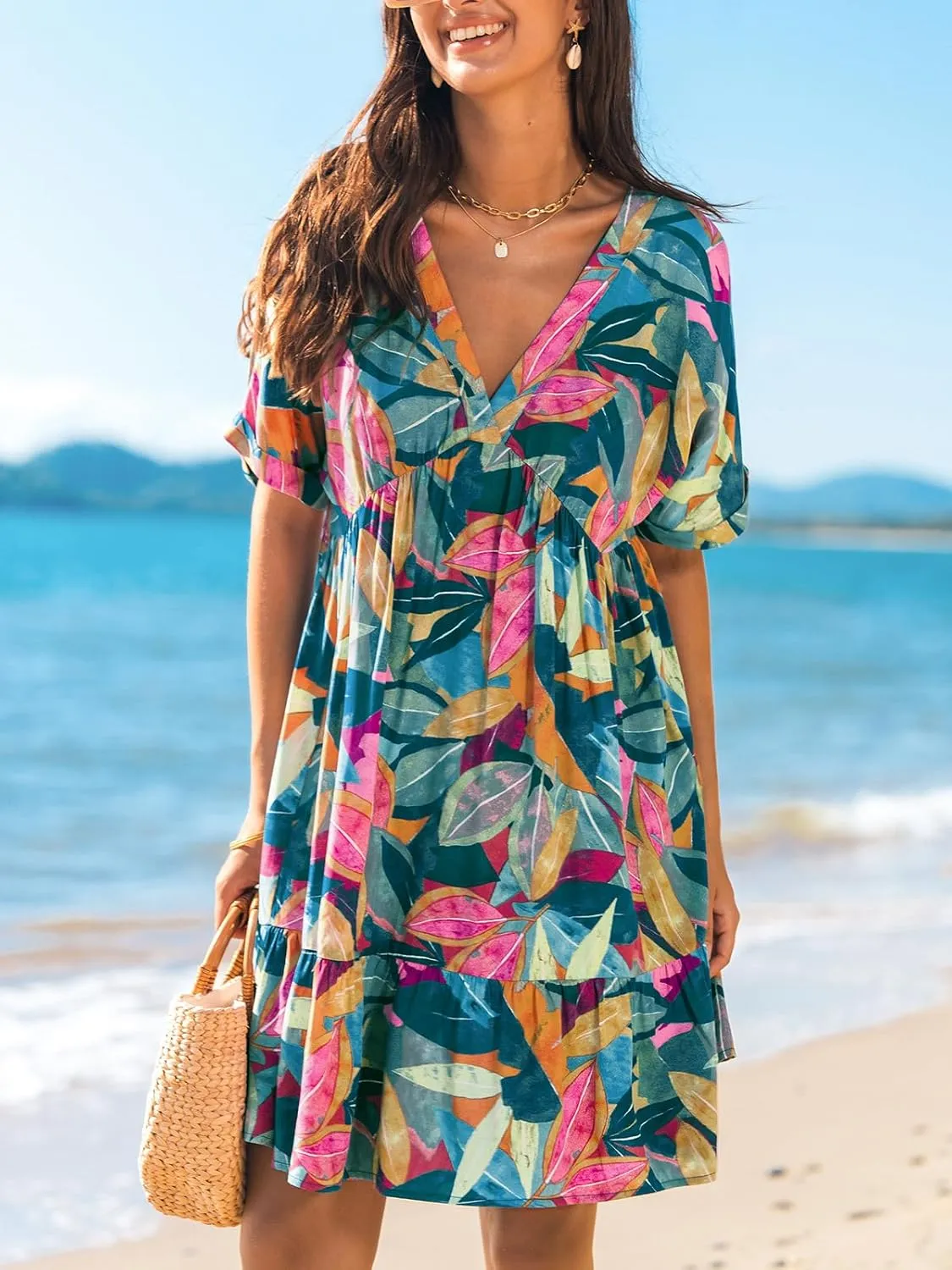 CUPSHE Women's Mini Dress V Neck Tropical Short Sleeve Loose Fit Ruffled Short Summer Beach Dress