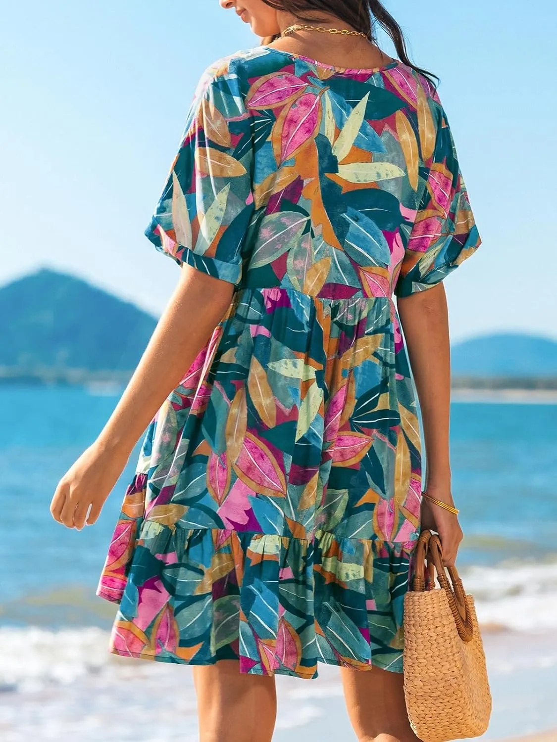 CUPSHE Women's Mini Dress V Neck Tropical Short Sleeve Loose Fit Ruffled Short Summer Beach Dress
