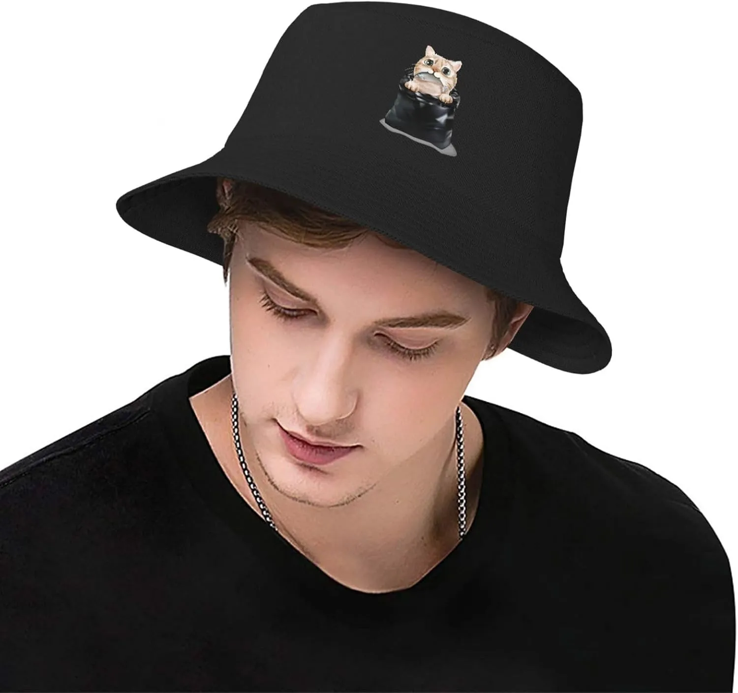 Cute Cat Looking for Fish in A Black Garbage Bag Bucket Hat for Men Women Boonie Hat Outdoor Summer Vacation Beach Travel Fishing Cap
