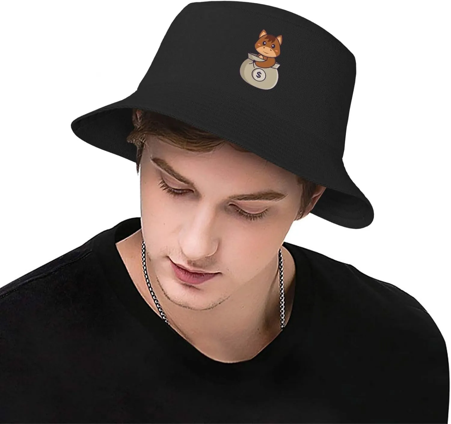 Cute Horse in The Money Bag Bucket Hat for Men Women Boonie Hat Outdoor Summer Vacation Beach Travel Fishing Cap Black