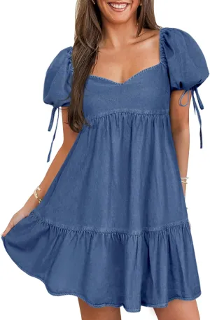 Denim Dress for Women Puff Short Sleeve Jean Dresses Sweetheart Neck Denim Mini Dress