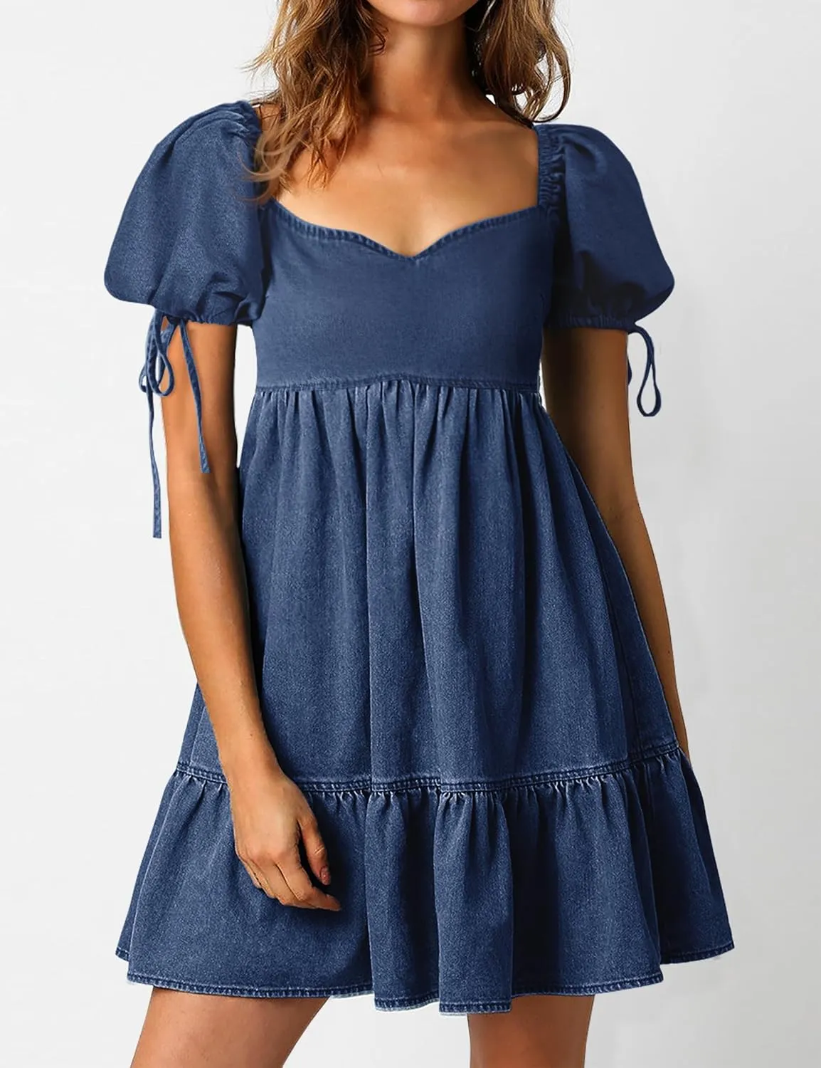 Denim Dress for Women Puff Short Sleeve Jean Dresses Sweetheart Neck Denim Mini Dress
