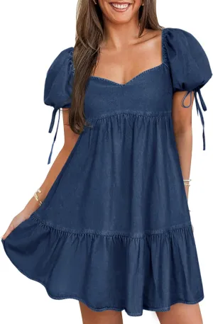 Denim Dress for Women Puff Short Sleeve Jean Dresses Sweetheart Neck Denim Mini Dress