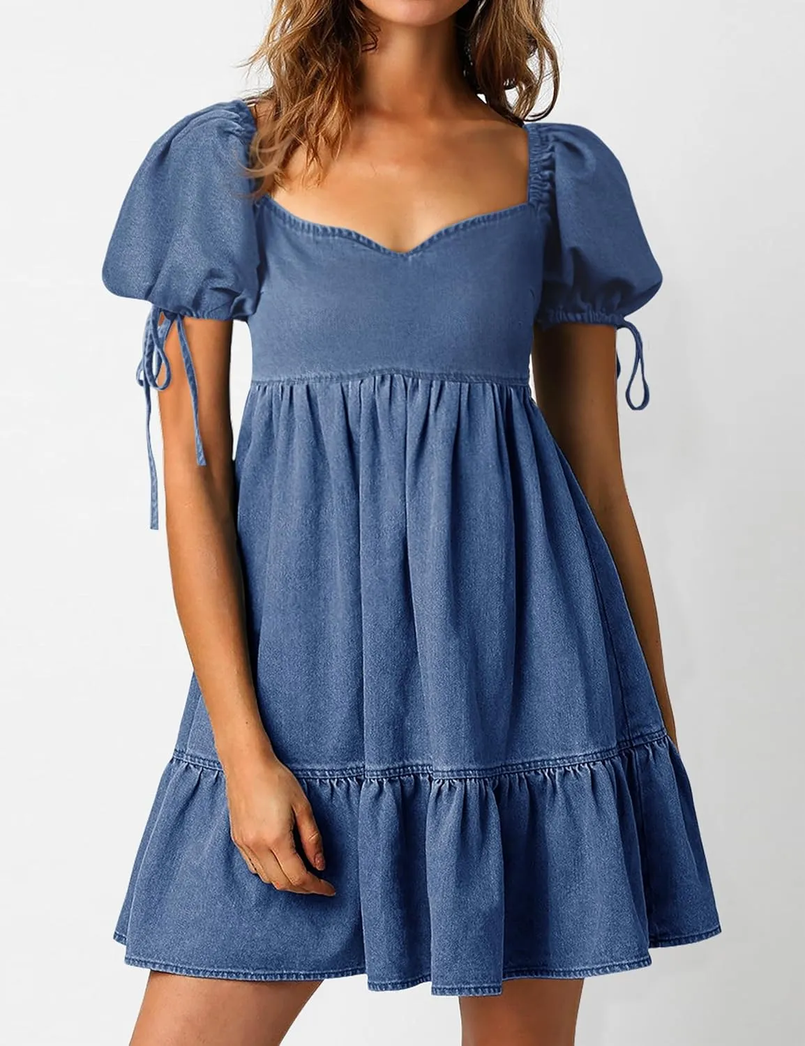 Denim Dress for Women Puff Short Sleeve Jean Dresses Sweetheart Neck Denim Mini Dress