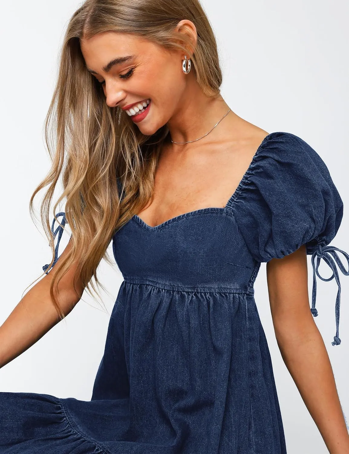 Denim Dress for Women Puff Short Sleeve Jean Dresses Sweetheart Neck Denim Mini Dress
