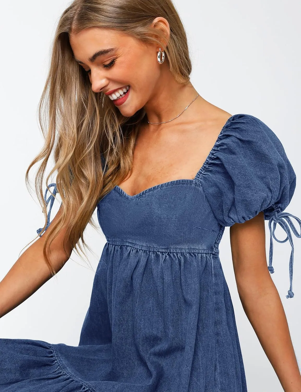 Denim Dress for Women Puff Short Sleeve Jean Dresses Sweetheart Neck Denim Mini Dress