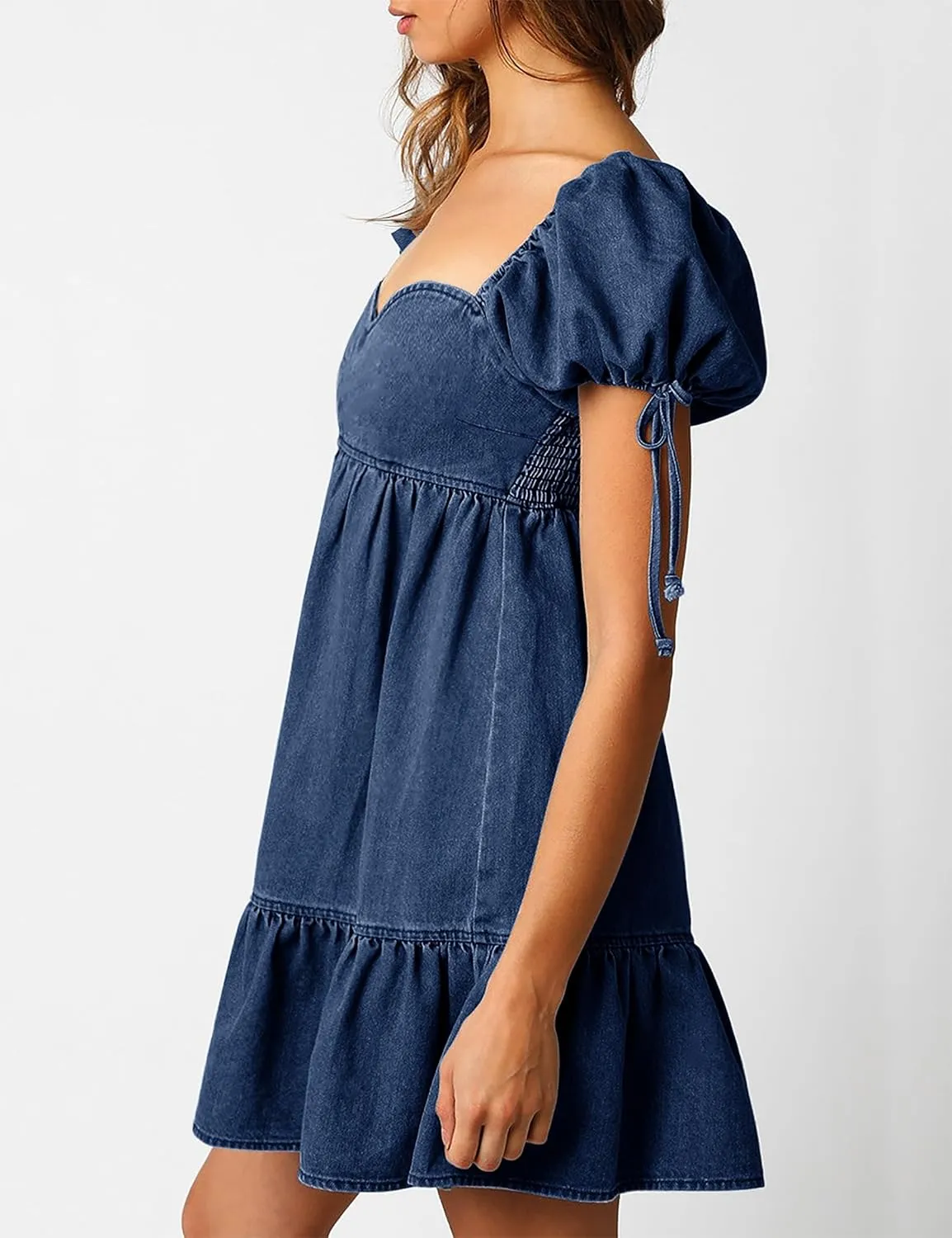 Denim Dress for Women Puff Short Sleeve Jean Dresses Sweetheart Neck Denim Mini Dress