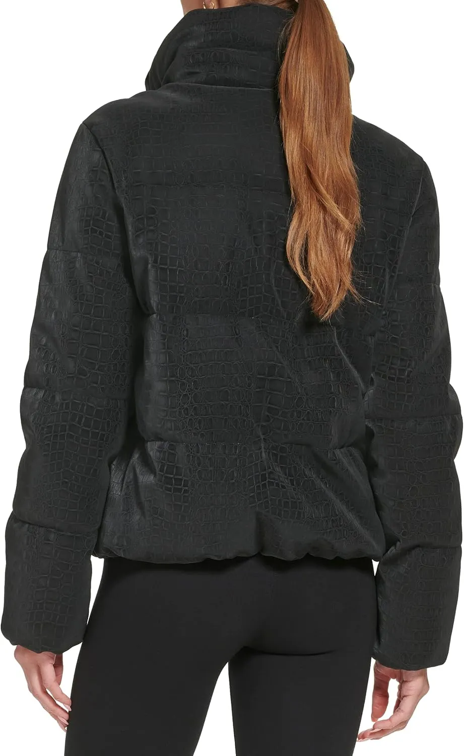 DKNY Women's Sport Debossed Croc Print Faux Leather Puffer Jacket
