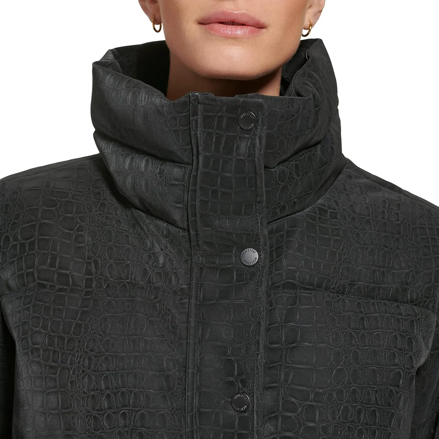 DKNY Women's Sport Debossed Croc Print Faux Leather Puffer Jacket