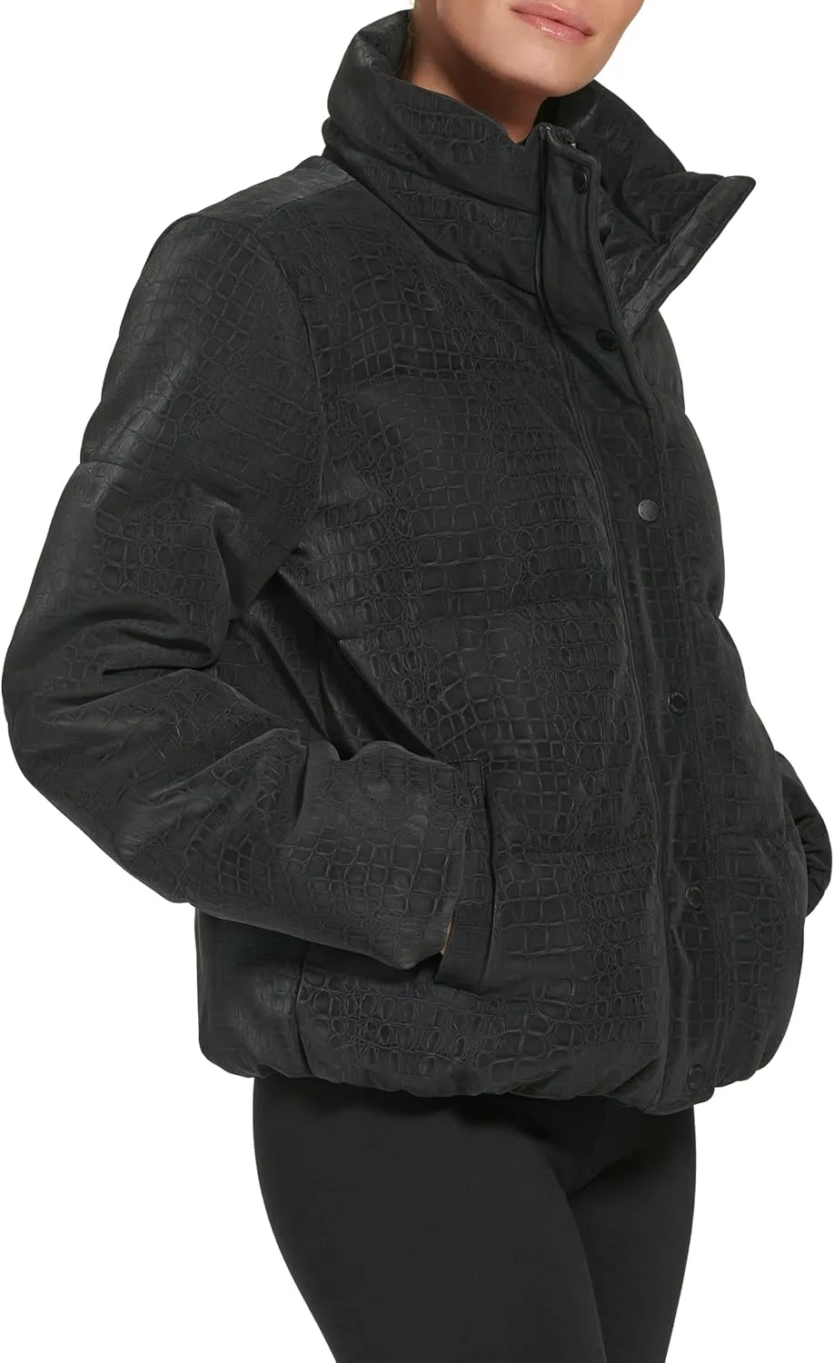 DKNY Women's Sport Debossed Croc Print Faux Leather Puffer Jacket