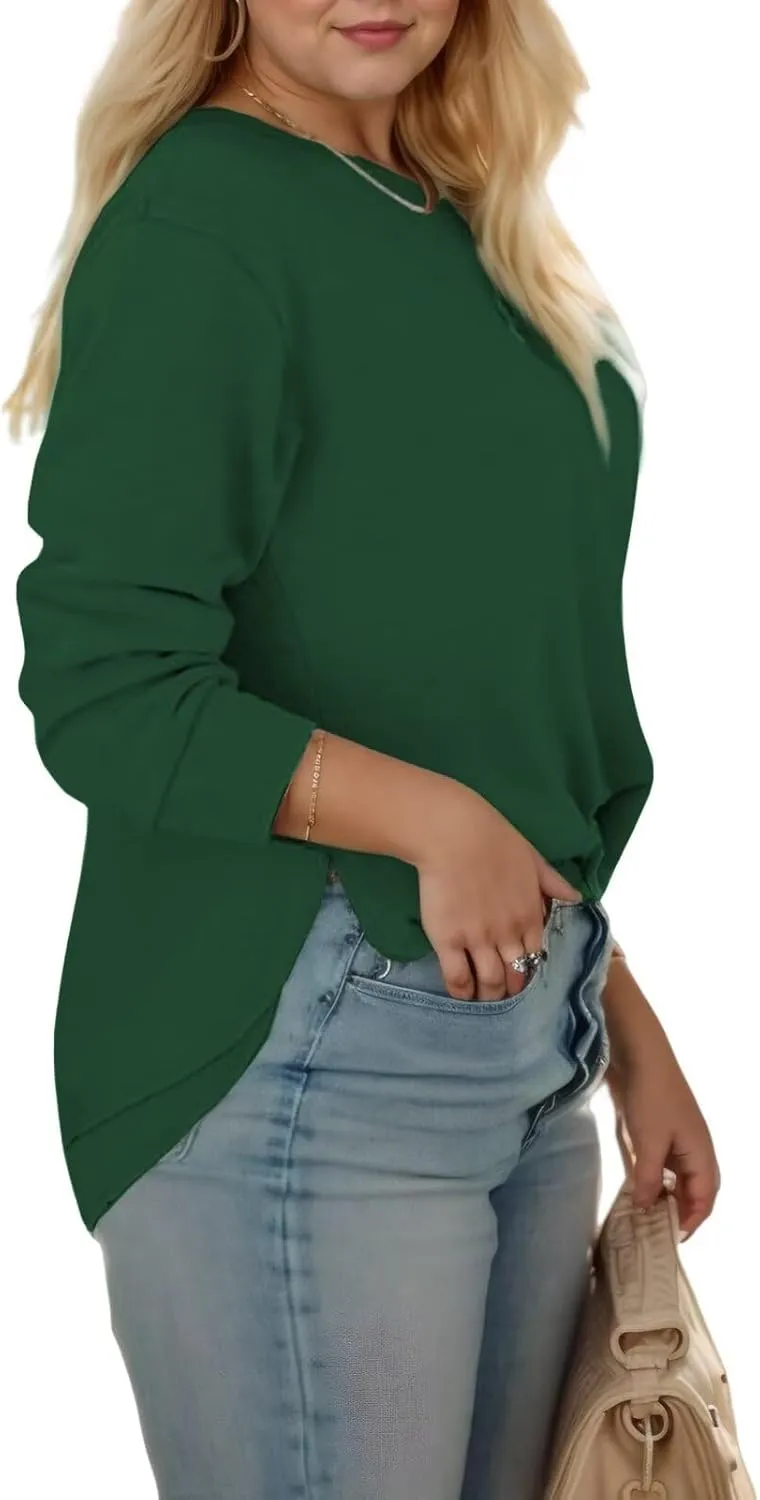 DOLNINE Plus-Size-Sweatshirts for Women Casual Crewneck Shirts Long Sleeve Side Split Tunic Tops Loose Fit Pullover