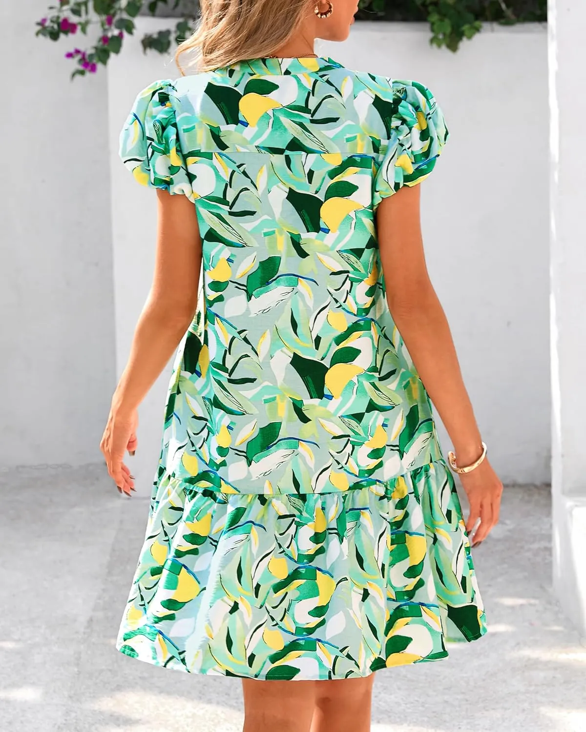 dowerme Womens Summer Dresses 2025 Puffy Sleeve V Neck Loose Floral Print A Line Boho Mini Babydoll Dress with Pockets