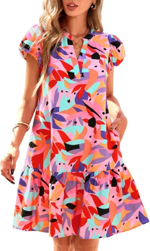 dowerme Womens Summer Dresses 2025 Puffy Sleeve V Neck Loose Floral Print A Line Boho Mini Babydoll Dress with Pockets