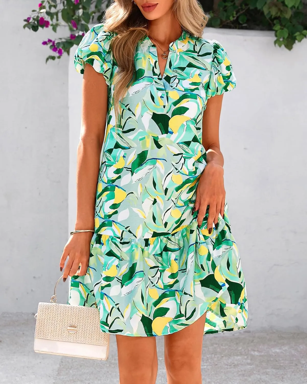 dowerme Womens Summer Dresses 2025 Puffy Sleeve V Neck Loose Floral Print A Line Boho Mini Babydoll Dress with Pockets
