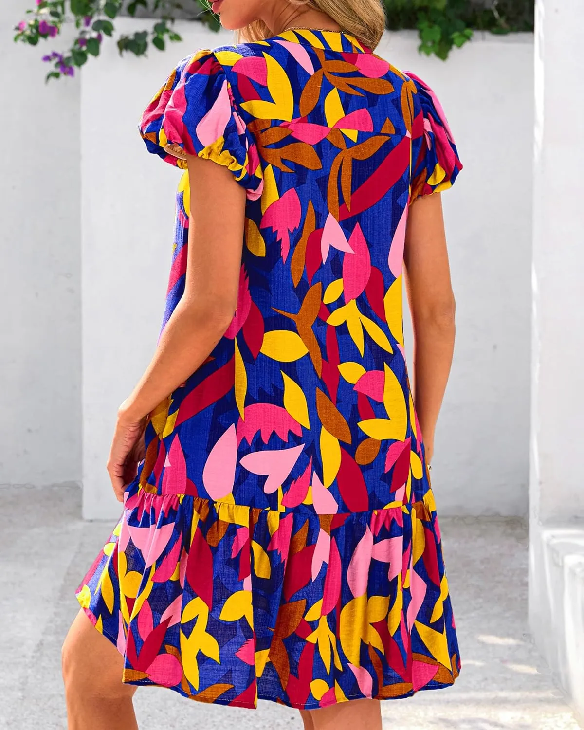 dowerme Womens Summer Dresses 2025 Puffy Sleeve V Neck Loose Floral Print A Line Boho Mini Babydoll Dress with Pockets